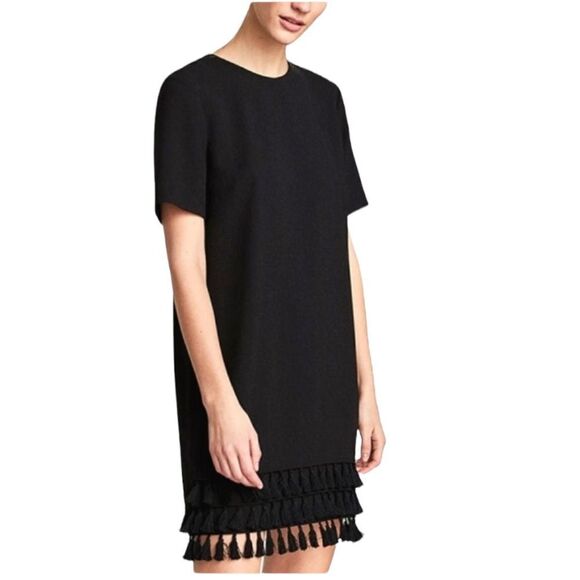 Zara Black Tassel Hem Boho Short Sleeved Shift Mini Dress Size S - Picture 2 of 8